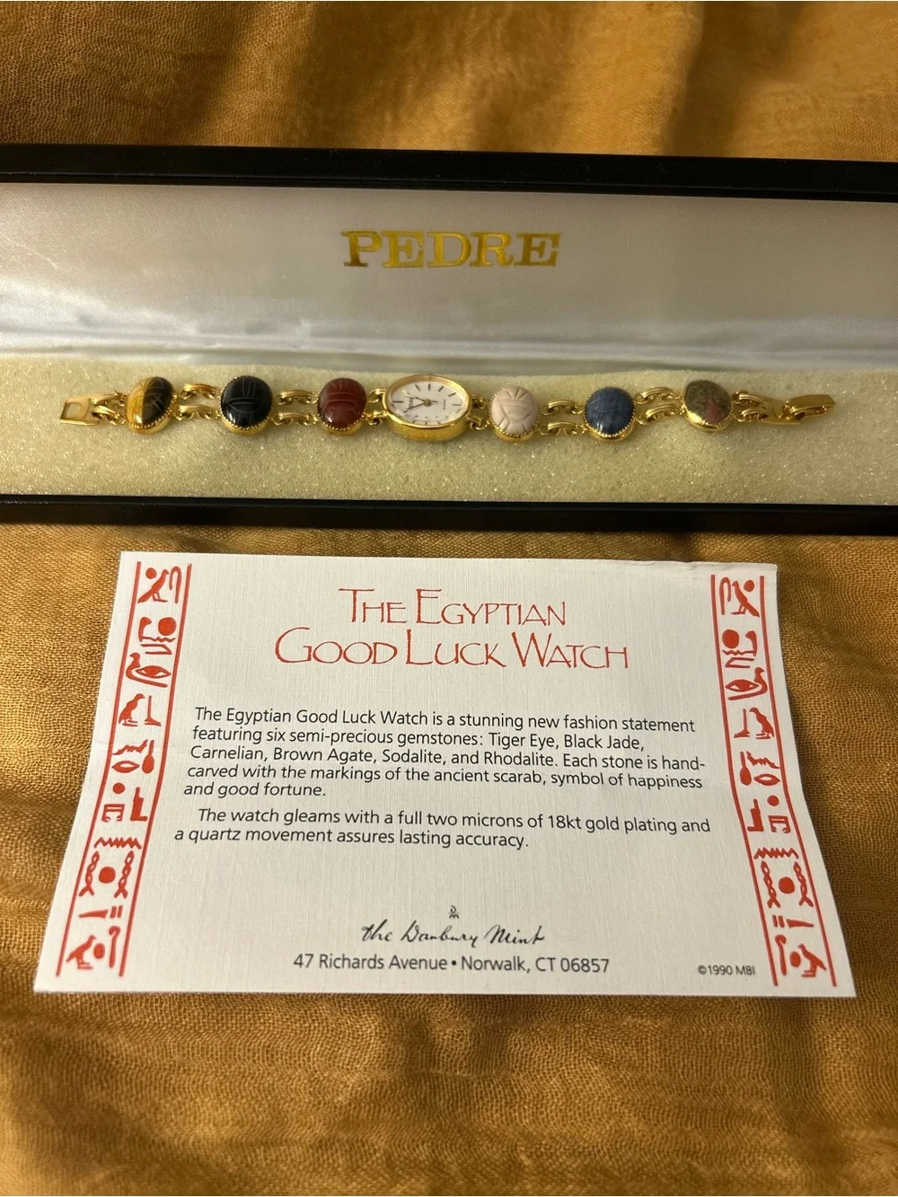 Pedre Women's Gold-Tone Multicolor Scarab Link Watch- Egyptian Good Luck Watch